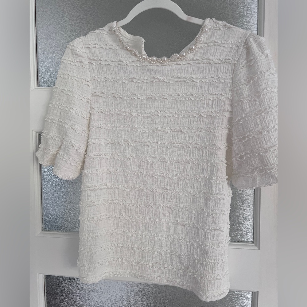 Zara White Textured Dress with Pearl Details